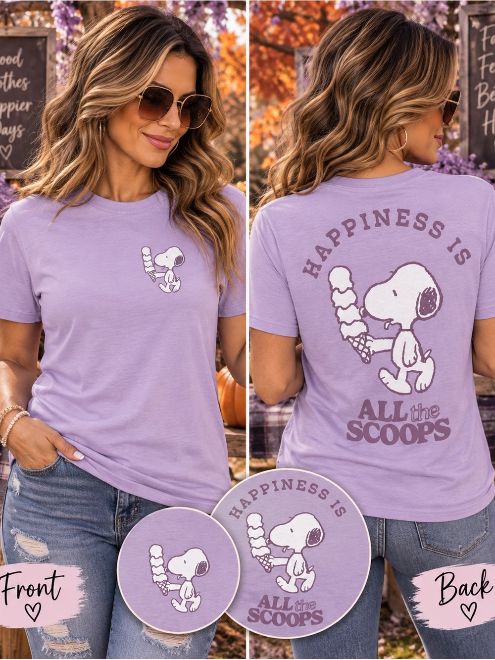 Peanuts Snoopy “Happiness Is All the Scoops” Lavender Graphic T-Shirt size small